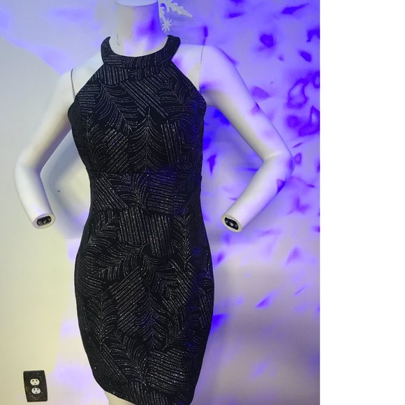 Le Chateau Black stretchy shiny sparkle rainbow metallic open back dress NWT - Picture 2 of 7